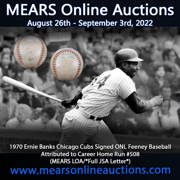 1970 Ernie Banks Chicago Cubs Signed ONL Feeney Baseball Attributed to Career Home Run #508 (MEARS LOA/*Full JSA Letter*)