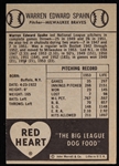 1954 Warren Spahn Milwaukee Braves Red Heart Trading Card 