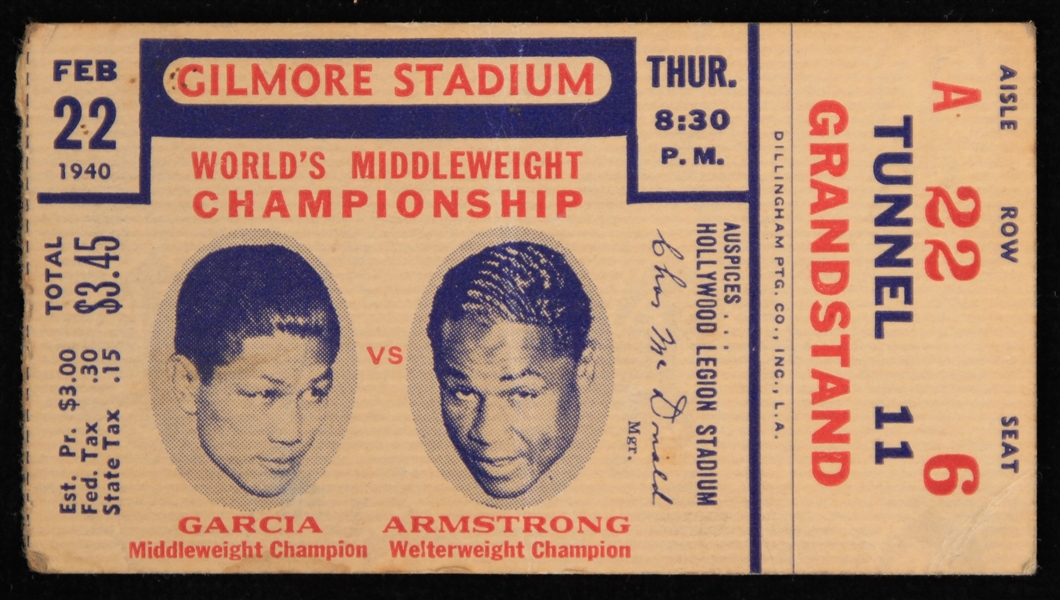 1940 Ceferino Garcia vs Henry Armstrong Worlds Middleweight Championship Gilmore Stadium Ticket Stub