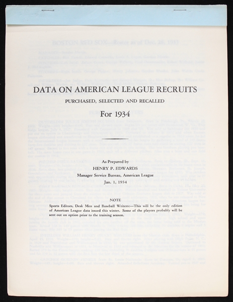 1934 Data on American League Baseball Recruits: Purchased, Selected and Recalled by Henry P. Edwards 