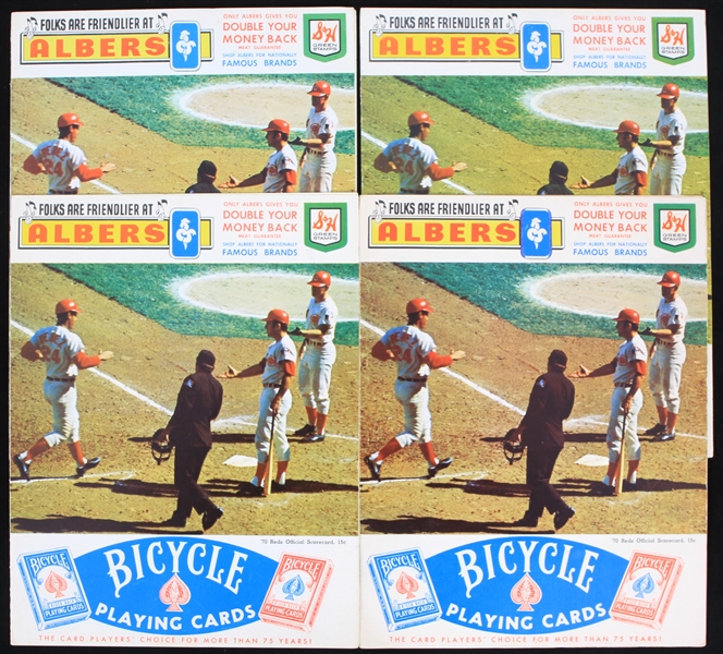 1970 Cincinnati Reds Crosley Field Riverfront Stadium Scorecard Collection - Lot of 4 w/ 3 Scored Bench HR Games & 1 Stub