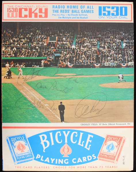 1967 (July 29) Cincinnati Reds Chicago Cubs Signed Crosley Field Scored Scorecard w/ 5 Signatures Including Pete Rose, Ernie Banks, Ron Santo & More (JSA)