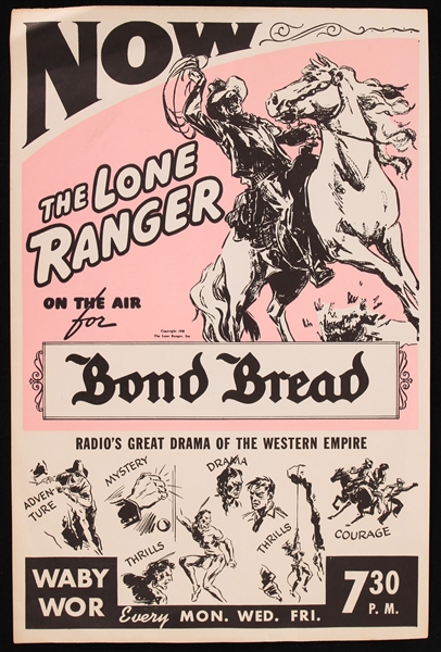 1938 The Lone Ranger On The Air For Bond Bread 8.25" x 12.5" Advertising Poster