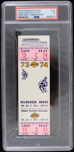 1974 Los Angeles Lakers vs Milwaukee Bucks Kareem Abdul-Jabbar 25 Points Full Ticket (PSA EX 5) 