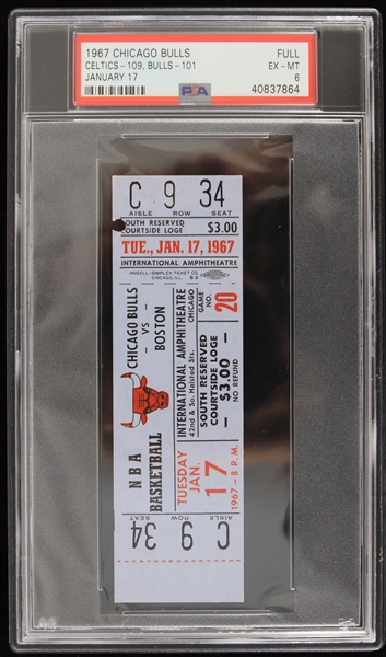 1967 Chicago Bulls vs Boston Celtics January 17h Full Ticket (PSA EX-MT 6)