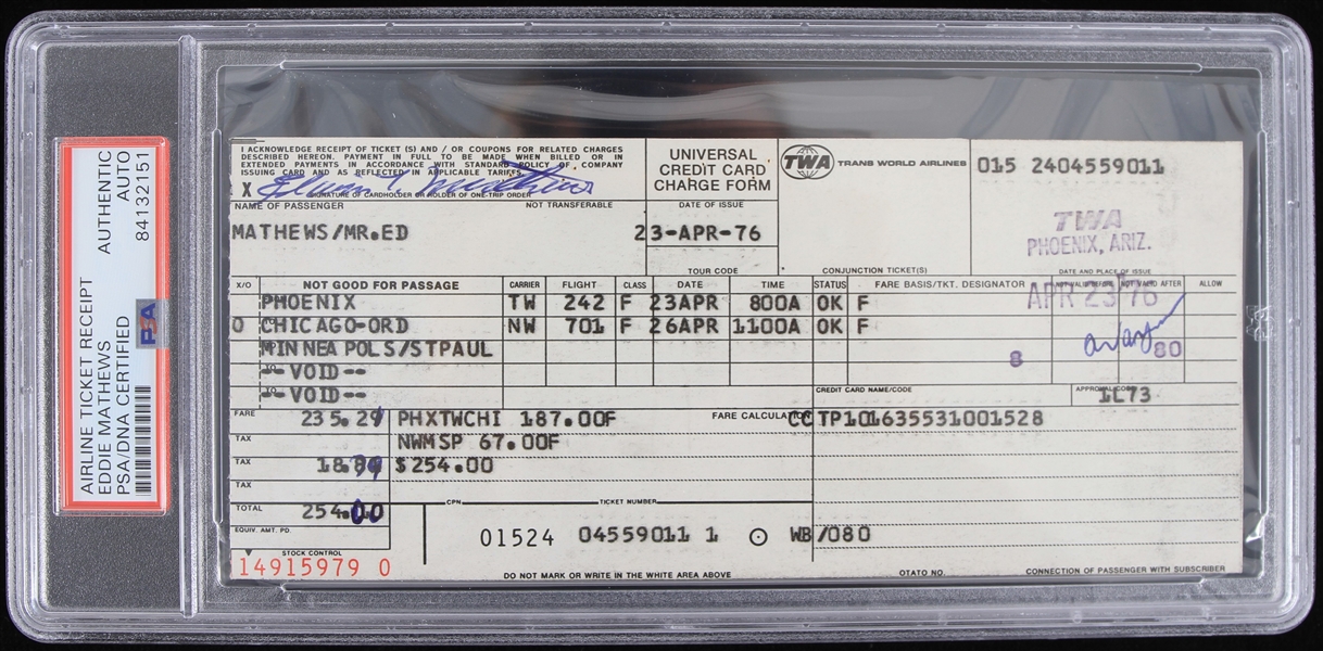 1976 Eddie Mathews Milwaukee Braves Signed Airline Ticket Receipt (PSA/DNA Slabbed)
