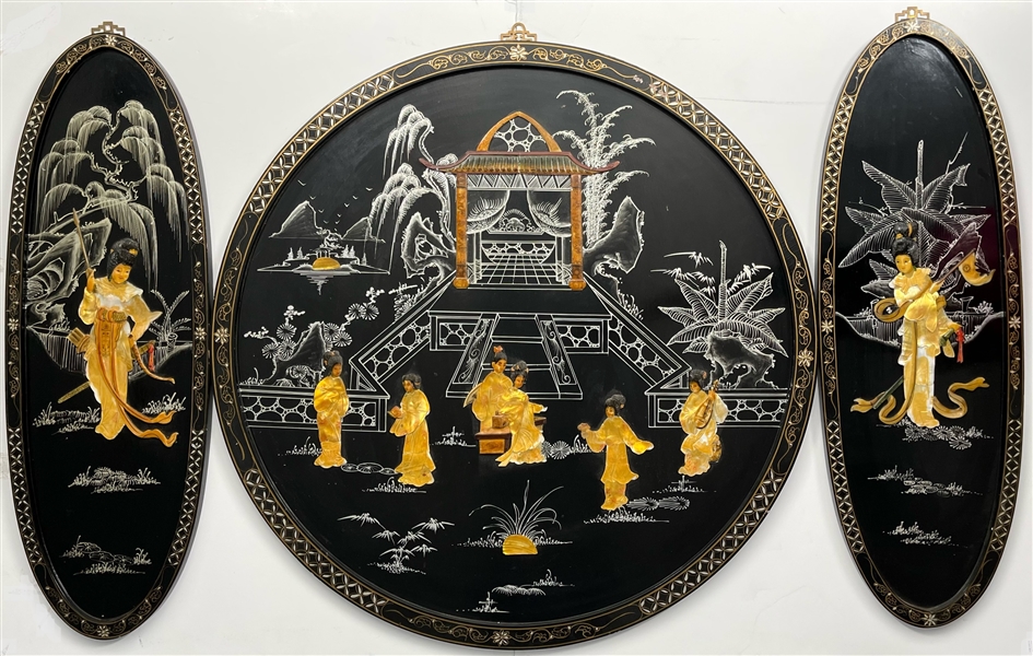 Vintage Oriental 36x36 Wooden Black Lacquered Wall-Hang