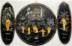 Vintage Oriental 36x36 Wooden Black Lacquered Wall-Hang