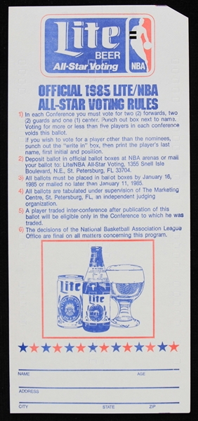 1985 Michael Jordan Rookie Official Lite NBA All Star Voting Rules and Ballot 