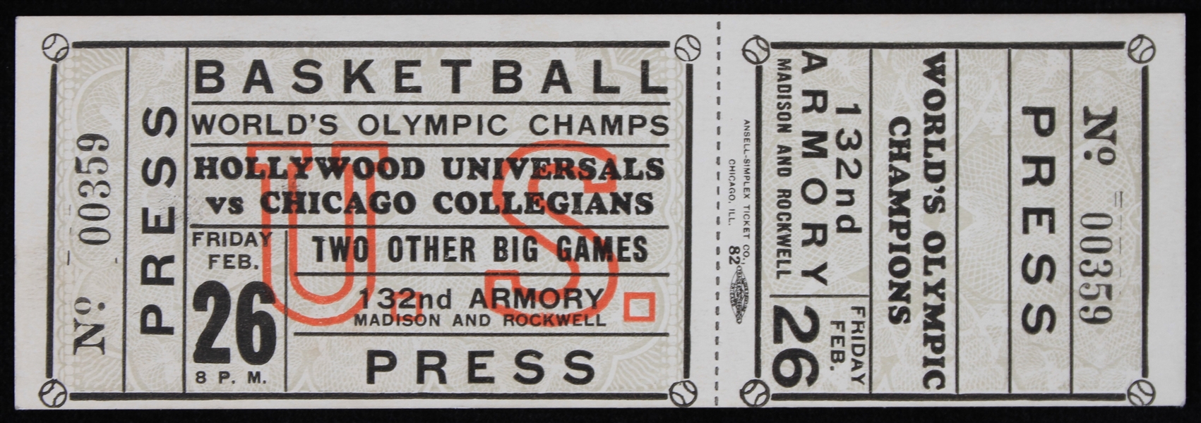 1937 Worlds Olympic Champions Hollywood Universals vs Chicago Collegians Basketball Press Ticket