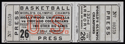 1937 Worlds Olympic Champions Hollywood Universals vs Chicago Collegians Basketball Press Ticket