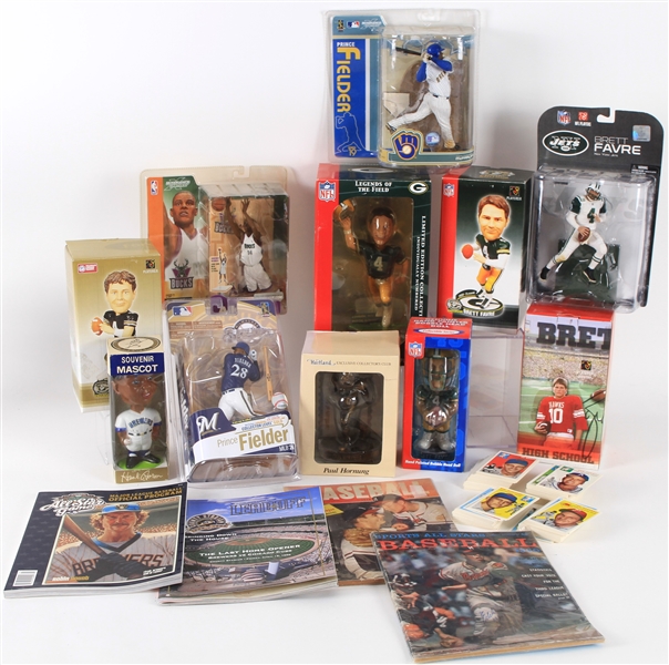1950s-2000s Sports Memorabilia Collection - Lot of 16 w/ Near Complete 1954 Topps Baseball Archive Set, Publications, Figures & Bobbleheads