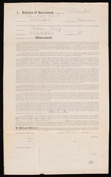 1900 William Gray Milwaukee Brewers American League Player Contract