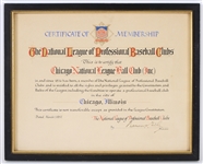 1957 Chicago Cubs National League of Professional Baseball Clubs 12" x 15" Framed Certificate of Membership Signed by NL President Warren Giles