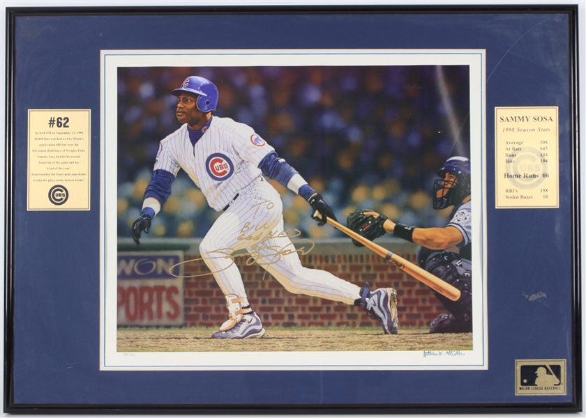 1998 Sammy Sosa Chicago Cubs Signed 24" x 34" Framed Home Run #62 Lithograph (JSA)