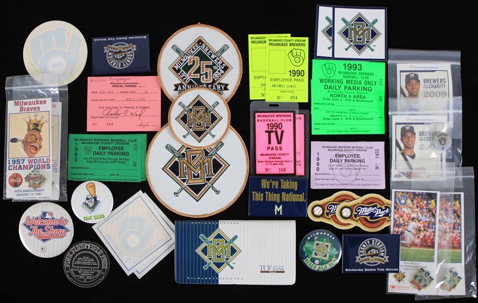 1990s-2000s Milwaukee Brewers Memorabilia Collection - Lot of 37 w/ Pins, Patches, Decals, Parking Passes & More