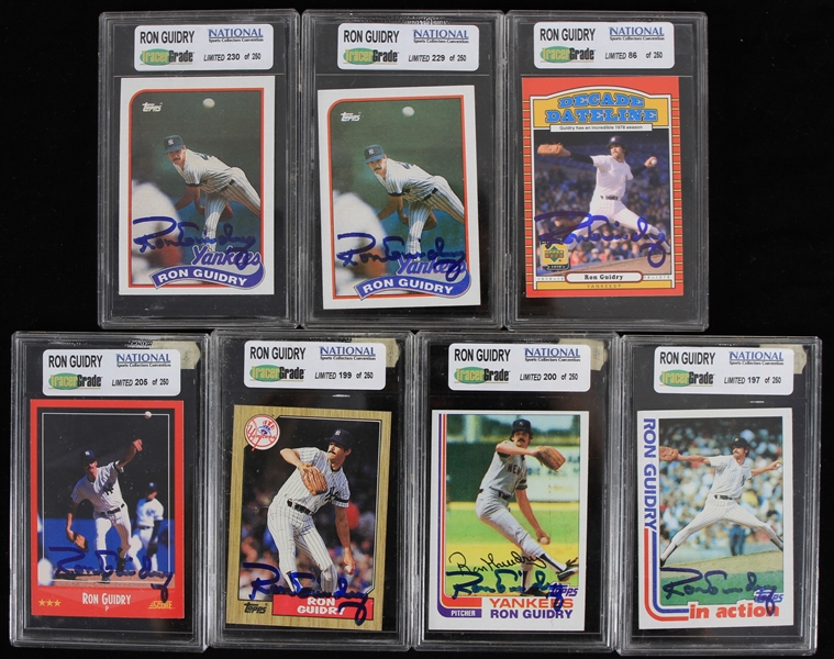 1982-2001 Ron Guidry New York Yankees Signed Baseball Trading Cards - Lot of 7 (TracerCode Slabbed)