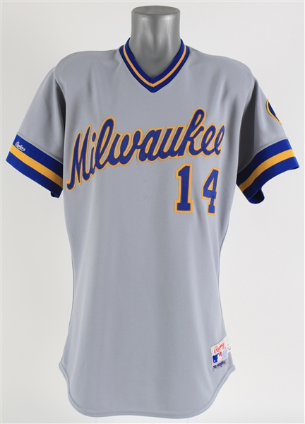 1988 Jim Aducci Milwaukee Brewers Game Worn Road Jersey w/ Harvey Kuenn Memorial Patch (MEARS LOA)