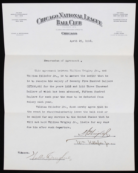1918 William Killefer Jr. and William Wrigley Jr. Chicago Cubs Signed Salary Agreement (JSA)