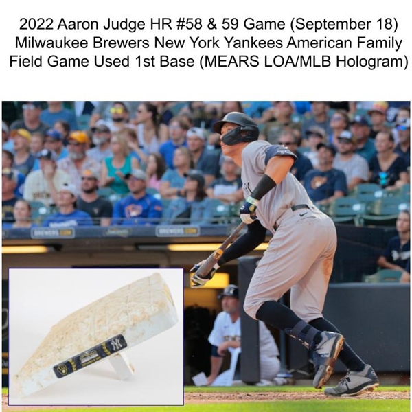 2022 Aaron Judge HR #58 & 59 Game (September 18) Milwaukee Brewers New York Yankees American Family Field Game Used 1st Base (MEARS LOA/MLB Hologram)