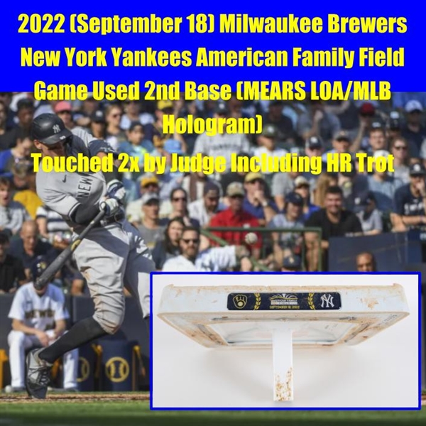 2022 (September 18) Milwaukee Brewers New York Yankees American Family Field Game Used 2nd Base (MEARS LOA/MLB Hologram) "Touched 2x by Judge, incuding HR Trot"