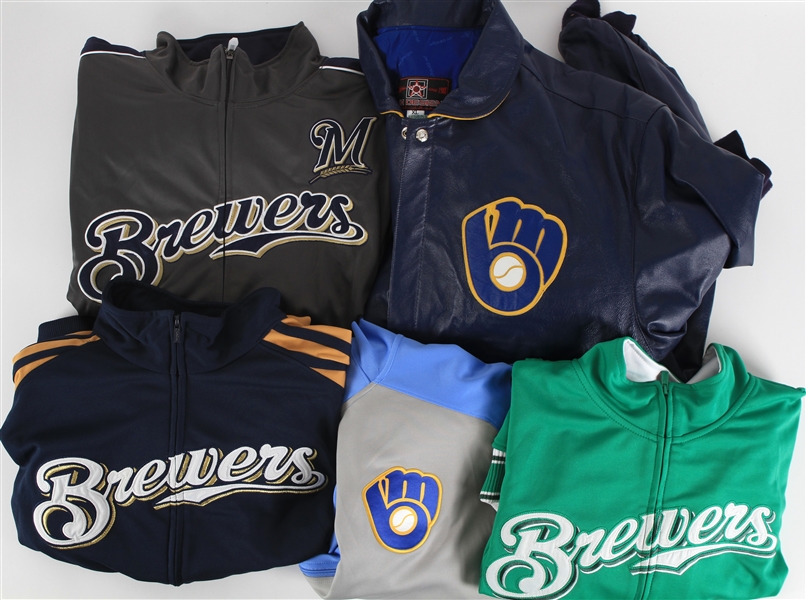1990s-2000s Milwaukee Brewers Apparel Collection - Lot of 7 w/ Leather Jacket, Jackets & Sweatshirt