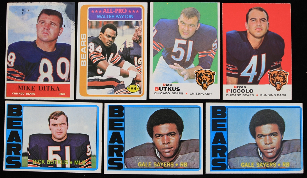 1964-78 Chicago Bears Football Trading Cards - Lot of 7 w/ Dick Butkus, Walter Payton, Gale Sayers & Bryon Piccolo