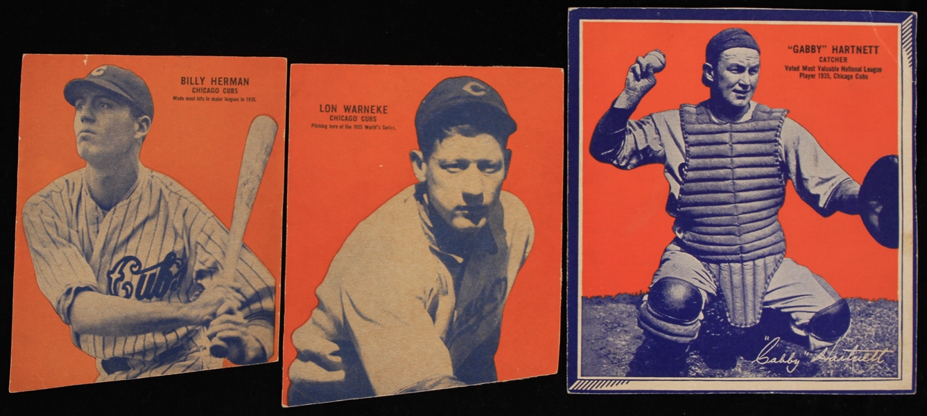 1936 Chicago Cubs Wheaties BB4 Baseball Trading Card Premiums - Lot of 3 w/ Gabby Hartnett, Billy Herman and Lon Warneke