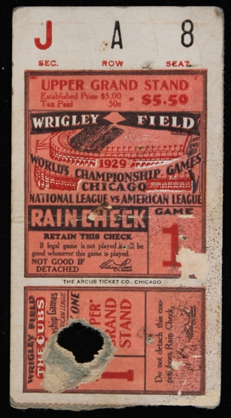 1929 Chicago Cubs Philadelphia Athletics Wrigley Field World Series Game 1 Ticket Stub