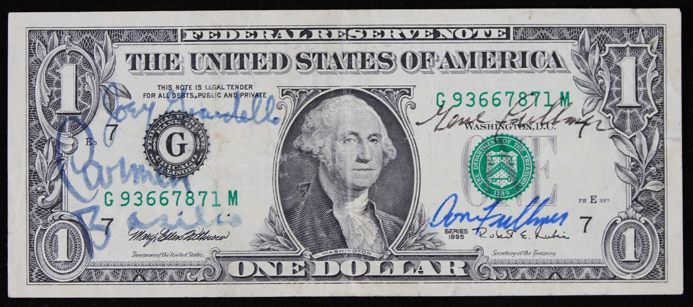 1995 Carmen Basilio, Joey Giardello, Gene Fullmer and Don Fullmer Signed Dollar Bill (JSA)