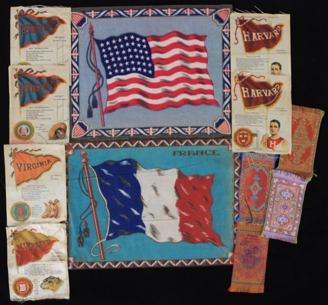 1870s-1910s Tobacco Felts & Silk Collection - Lot of 12 w/ Colleges, Flags & More