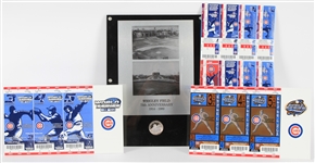 1989-2004 Chicago Cubs Memorabilia - Lot of 4 w/ Ghost Playoff Ticket Sheets & 10.5" x 14" Wrigley Field 75th Anniversary Display