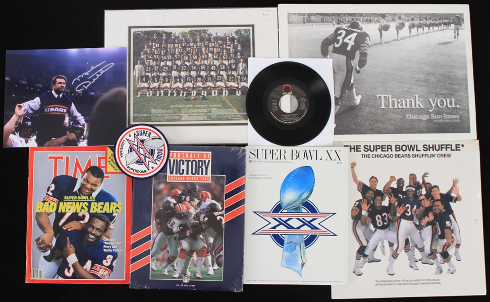 1985 Super Bowl Champion Chicago Bears Memorabilia - Lot of 9 w/ Super Bowl XX Program, Mike Ditka Signed Photo, Super Bowl Shuffle Record Album & More