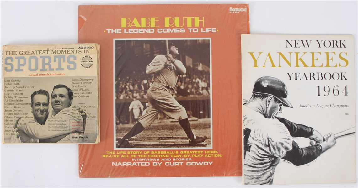 1950s-60s New York Yankees Memorabilia Collection - Lot of 3 w/ 1964 Yearbook & Babe Ruth Record Albums