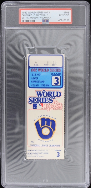 1982 Milwaukee Brewers World Series Game 3 Andujar-Vuckovich Ticket Stub (PSA Slabbed)