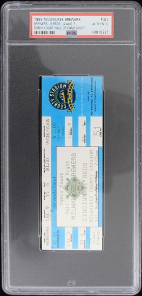 1999 Milwaukee Brewers Robin Yount Hall of Fame Full Ticket (PSA Slabbed)