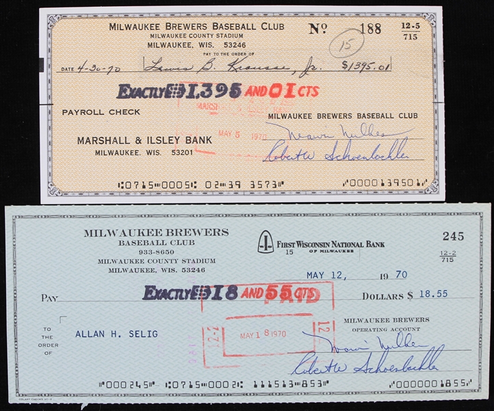 1970 Lewis Krausse and Bud Selig Milwaukee Brewers Signed Checks (Lot of 2)