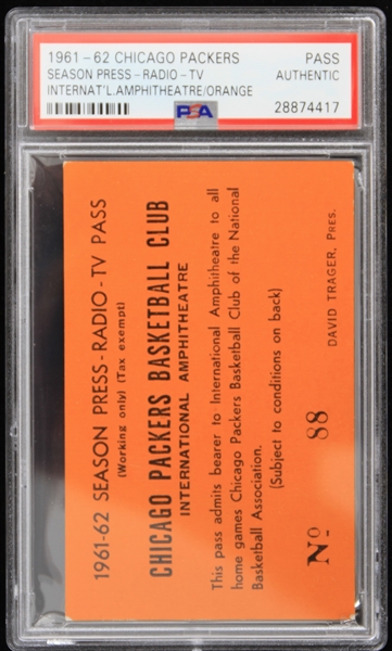 1961-1962 RARE Chicago Packers Basketball Club Season Press Pass Radio TV (PSA Slabbed) 