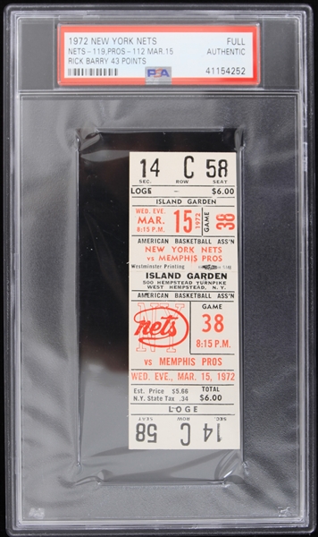 1972 New York Nets Rick Barry 43 Points Full Ticket (PSA Slabbed)
