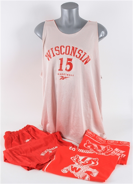1980s-90s Wisconsin Badgers Memorabilia - Lot of 4 w/ Reversible Basketball Practice Jersey, Shorts & Miller High Life Bucky Bandanas