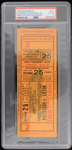 1962 Floyd Patterson vs Sonny Liston Round 1 KO Full Ticket (PSA VG-EX 4)