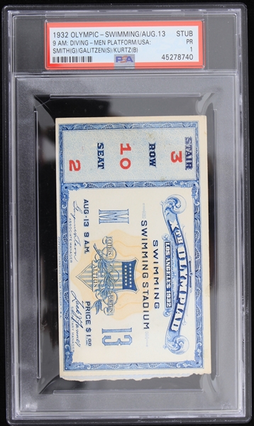 1932 Olympic Swimming/Diving Smith, Galitzen, Kurtz Ticket Stub (PSA PR 1)