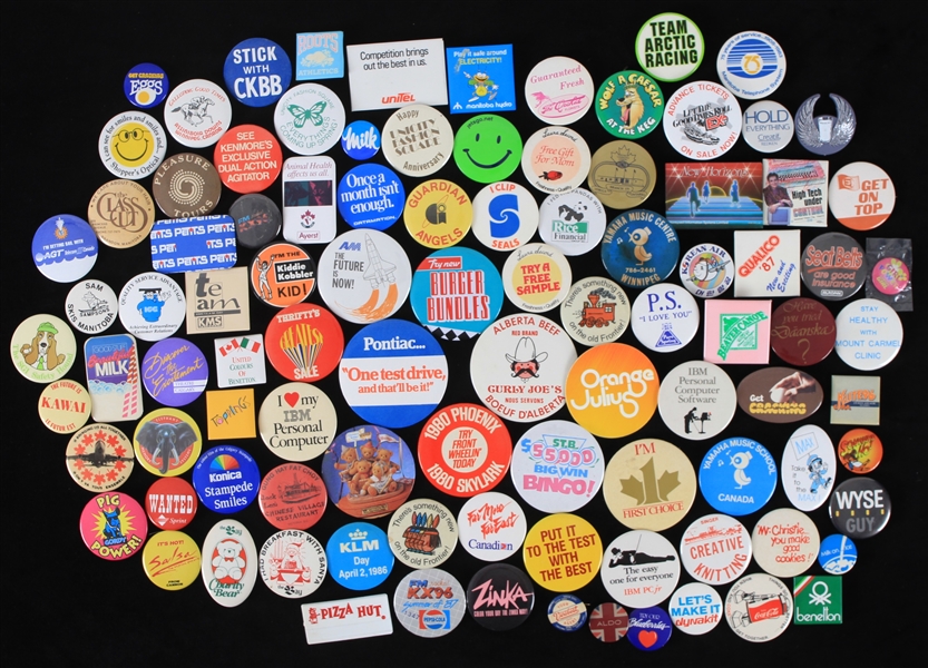1980s Pinback Buttons Including Pepsi, IBM, Coca Cola and more (Lot of 80+)
