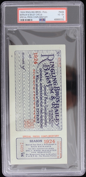 1924 Ringling Bros Barnum & Bailey Circus Special Press Complimentary Full Pass (PSA VG-EX 4) 