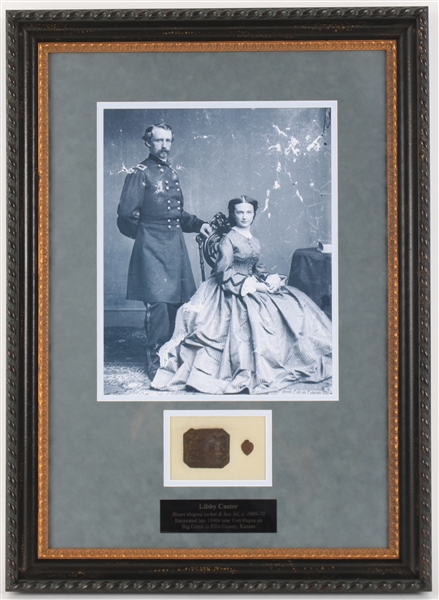 1869-70 Libby Custer 20" x 28" Framed Display w/ Heart Shaped Locket & Box Lid Excavated Near Fort Hayes