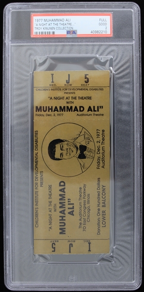 1977 Muhammad Ali "A Night at the Theatre" Full Ticket Troy Kinunen Collection (PSA Good 2)