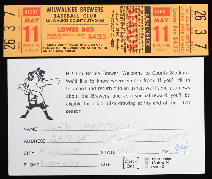 1970-71 Milwaukee Brewers Memorabilia - Lot of 2 w/ Fan Information Card & Full Ticket