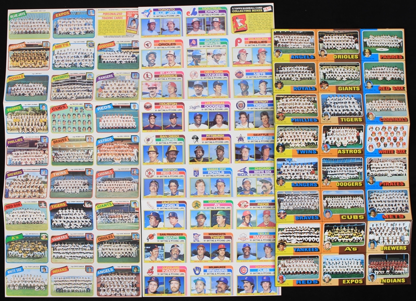 1975-84 Uncut Baseball Trading Cards Sheets - Lot of 8 w/ Team Checklists, Stickers & More