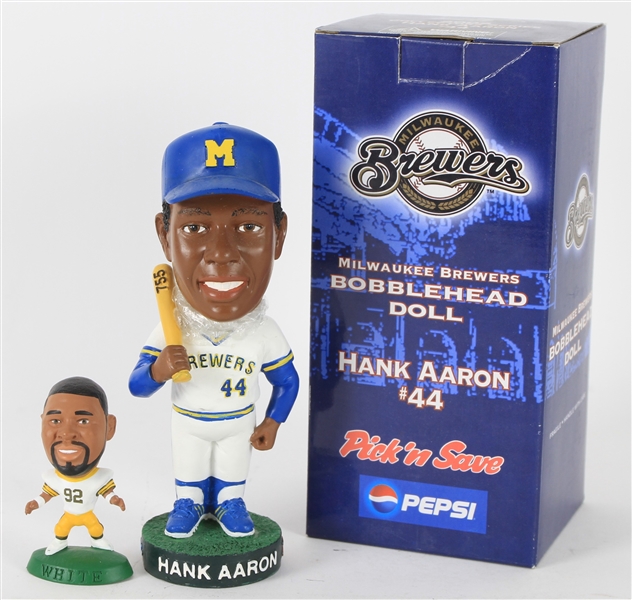1997-2002 Hank Aaron Milwaukee Brewers MIB Bobblehead & Reggie White Green Bay Packers Headliners Figure - Lot of 2