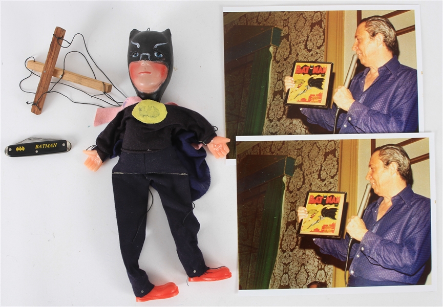 1960s-70s Batman Memorabilia Collection - Lot of 4 w/ 12.5" Marionette Doll, Pocket Knife & Photos